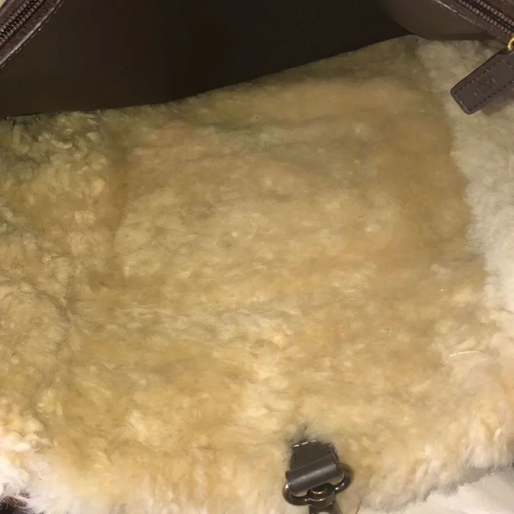 UGG Large Plum & Ivory Leather Shearling Sheepskin Tote Bag MINT CONDITION